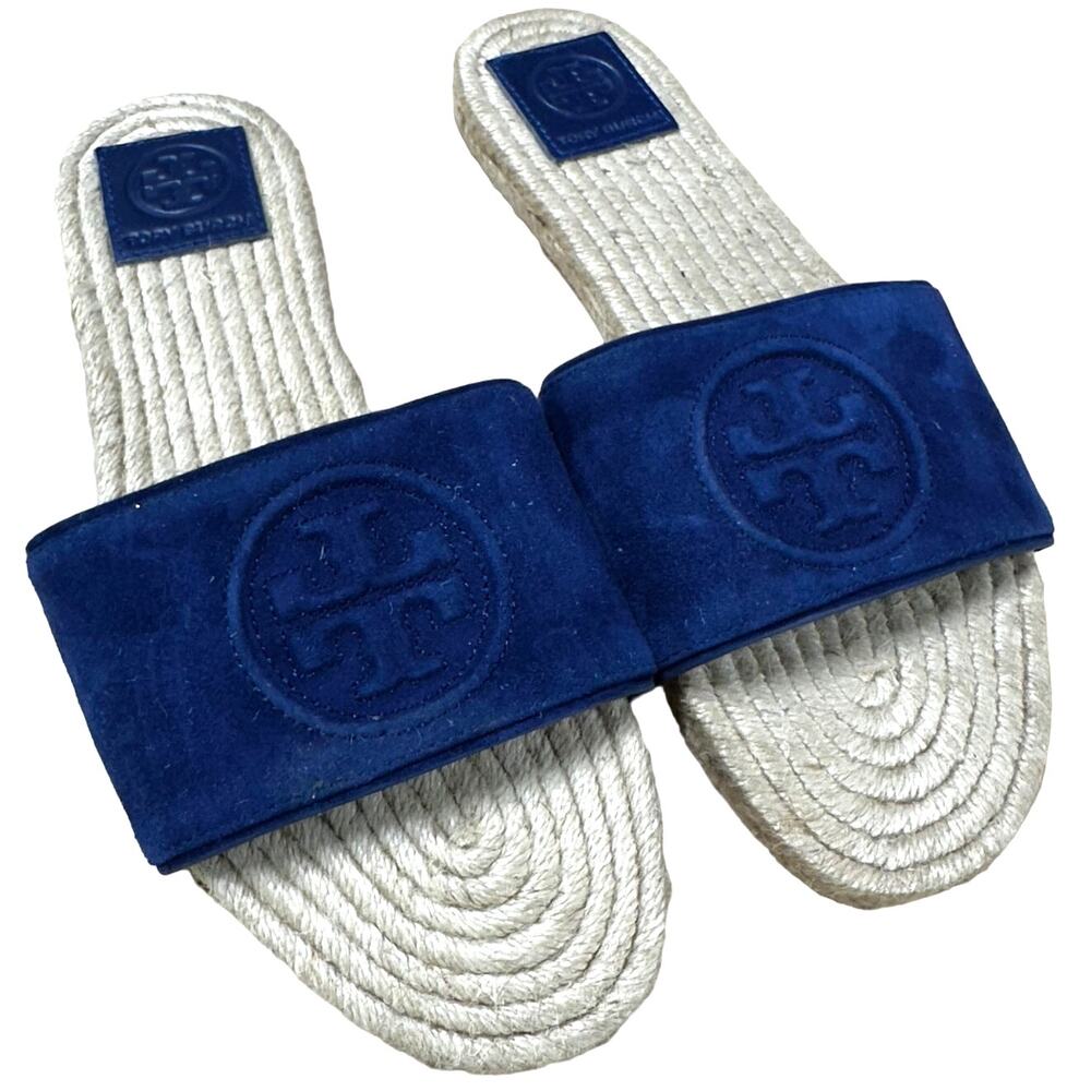 Tory Burch NWOB Benton Open Toe Midnight Blue Suede Espadrille Flat Size 6.5